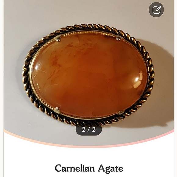 Carnelian Agate Unsigned Oval Stone Brooch Pin Prong Set Gold Tone Rope Setting - Picture 8 of 11